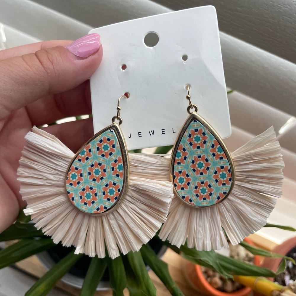 Turquoise & Orange Teardrop Rattan Tassel Earrings
